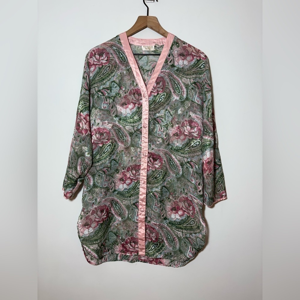 Vintage Gold Label Victoria Secret Floral Robe Button Up Green Pink Nightgown S
